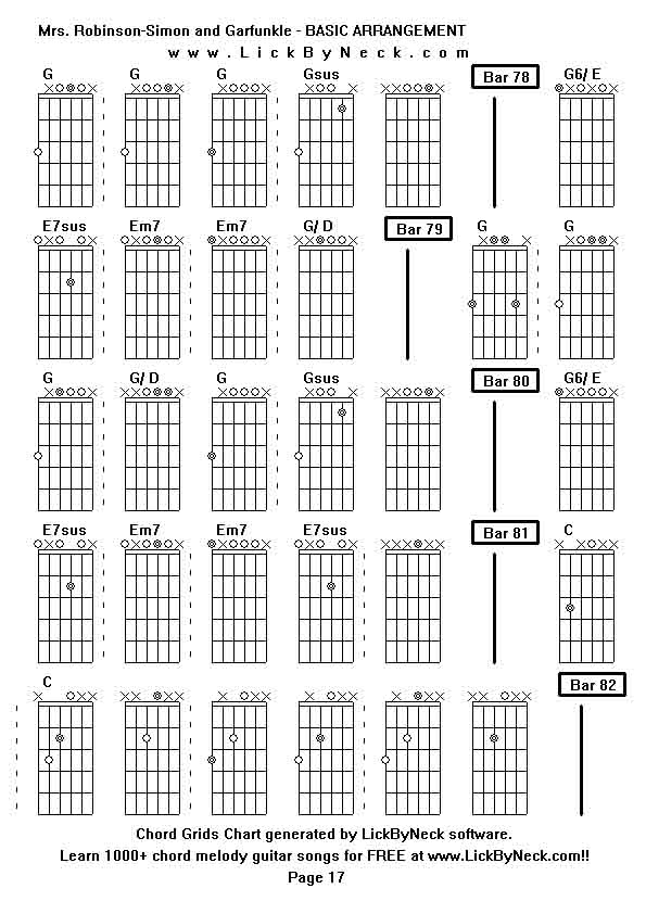 Chord Grids Chart of chord melody fingerstyle guitar song-Mrs Robinson-Simon and Garfunkle - BASIC ARRANGEMENT,generated by LickByNeck software.